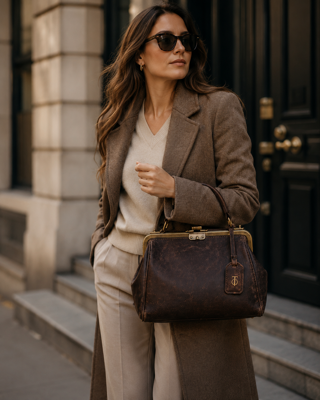 THEOLDEN Vintage Frame Bag editorial look in dark brown