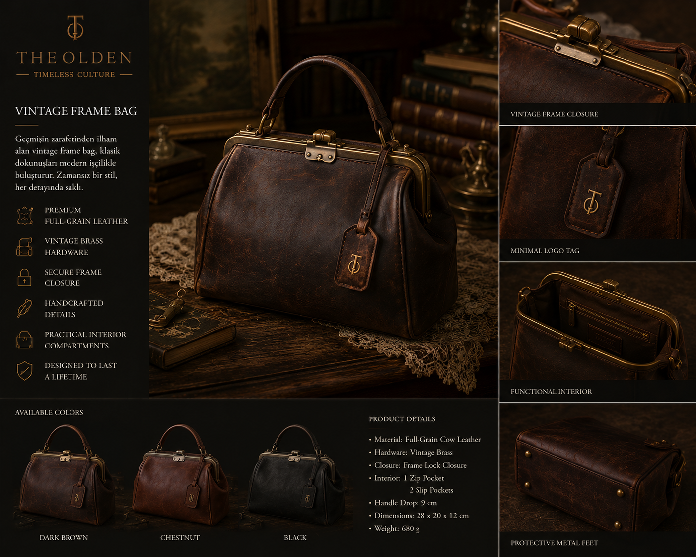 THEOLDEN Vintage Frame Bag Dark Brown